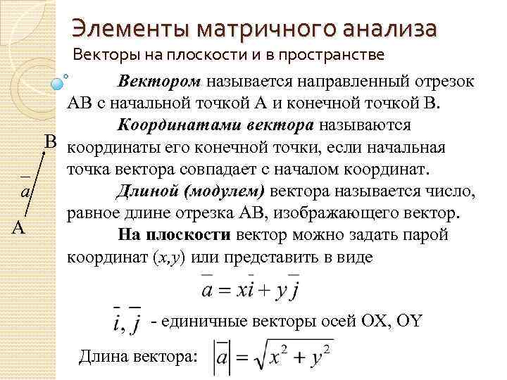 Начальная и конечная точка вектора. Элементы векторного анализа. Элементы матричного анализа. Элементы вектор. Единичные векторы на плоскости.