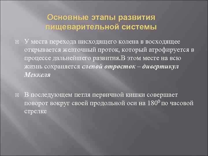 Основные этапы развития пищеварительной системы У места перехода нисходящего колена в восходящее открывается желточный