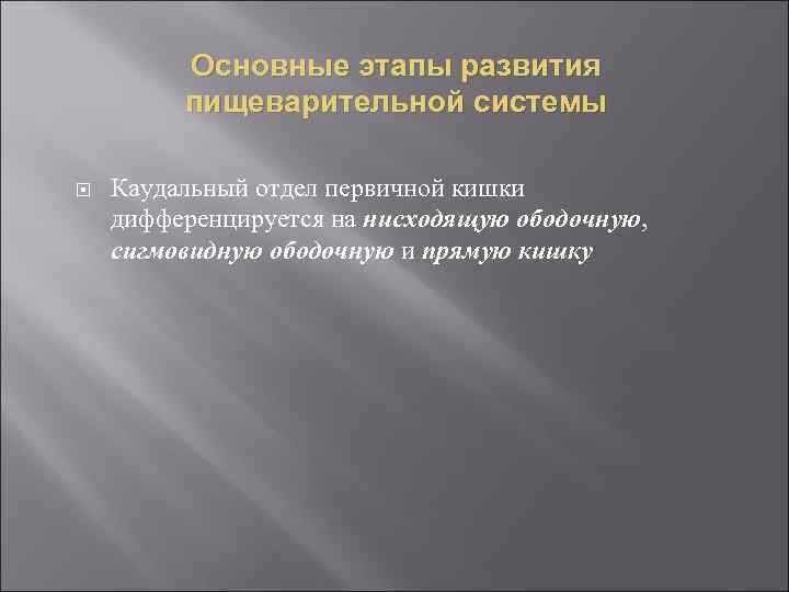 Основные этапы развития пищеварительной системы Каудальный отдел первичной кишки дифференцируется на нисходящую ободочную, сигмовидную