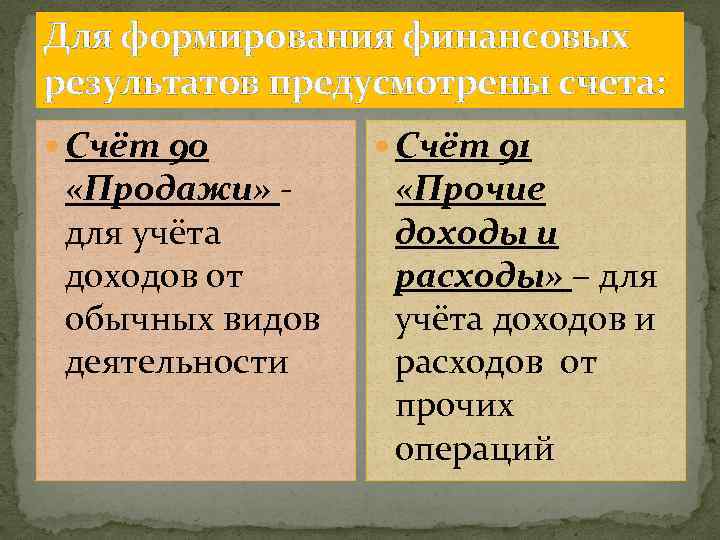 Для формирования финансовых результатов предусмотрены счета: Счёт 90 «Продажи» для учёта доходов от обычных
