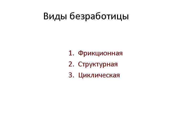 Виды безработицы 1. Фрикционная 2. Структурная 3. Циклическая 