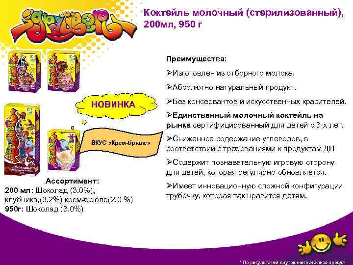 Коктейль молочный (стерилизованный), 200 мл, 950 г Преимущества: ØИзготовлен из отборного молока. ØАбсолютно натуральный