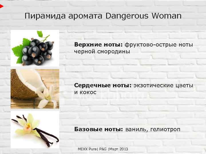 Пирамида аромата Dangerous Woman Верхние ноты: фруктово острые ноты черной смородины Сердечные ноты: экзотические