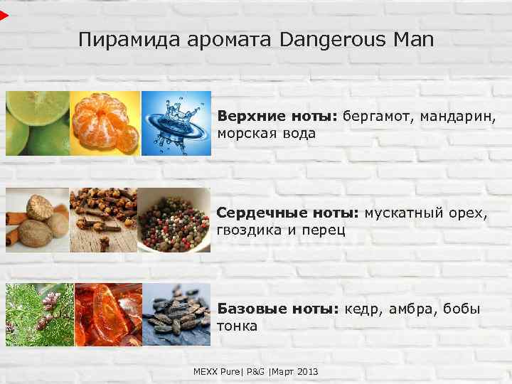 Пирамида аромата Dangerous Man Верхние ноты: бергамот, мандарин, морская вода Сердечные ноты: мускатный орех,
