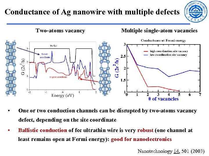 Conductance of Ag nanowire with multiple defects Two-atoms vacancy • Multiple single-atom vacancies One