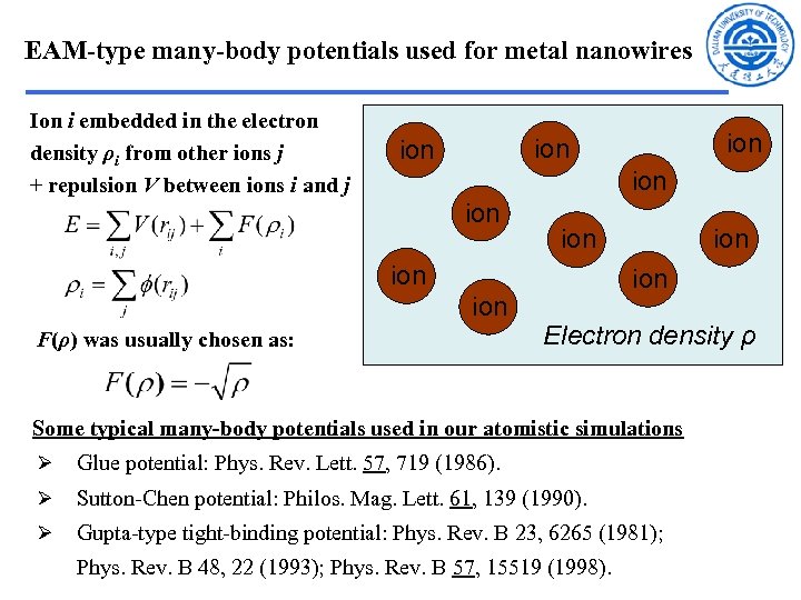 EAM-type many-body potentials used for metal nanowires Ion i embedded in the electron density