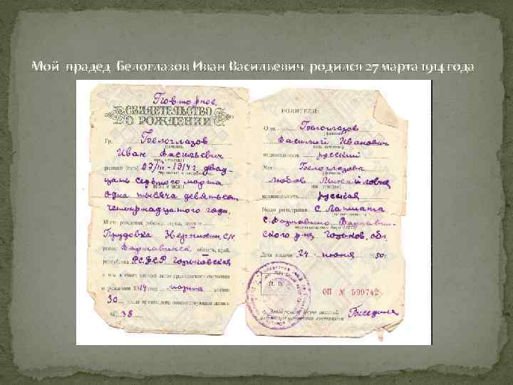 Мой прадед Белоглазов Иван Васильевич родился 27 марта 1914 года 