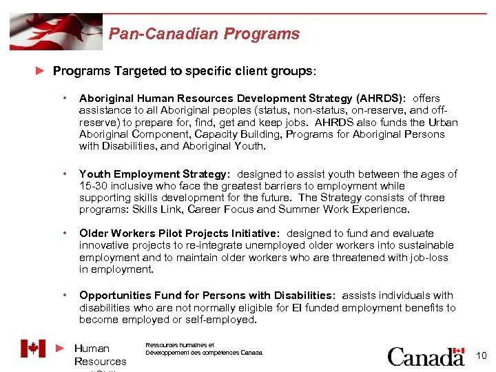 Pan-Canadian Programs ► Programs Targeted to specific client groups: • Aboriginal Human Resources Development