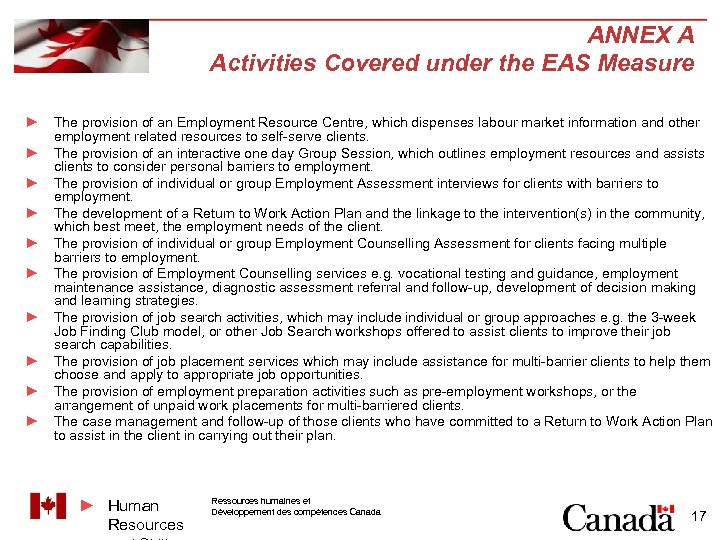 ANNEX A Activities Covered under the EAS Measure ► The provision of an Employment