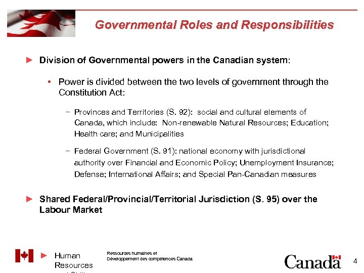 Governmental Roles and Responsibilities ► Division of Governmental powers in the Canadian system: •