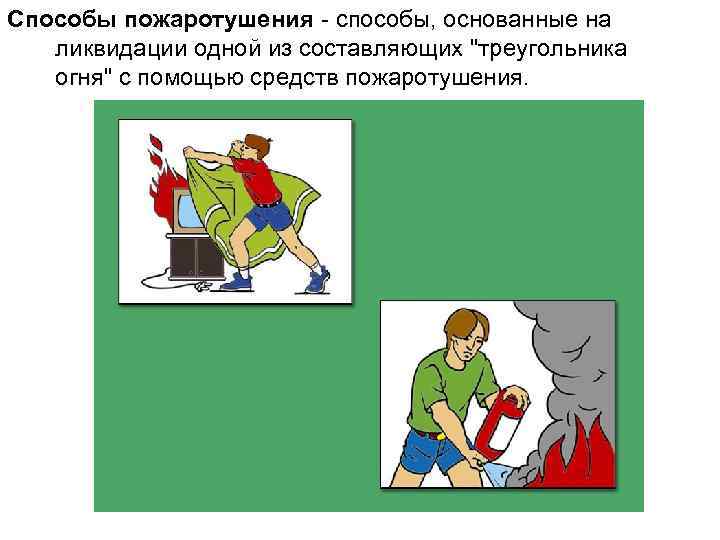Способы пожаротушения - способы, основанные на ликвидации одной из составляющих "треугольника огня" с помощью