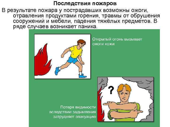 Последствия пожаров В результате пожара у пострадавших возможны ожоги, отравления продуктами горения, травмы от