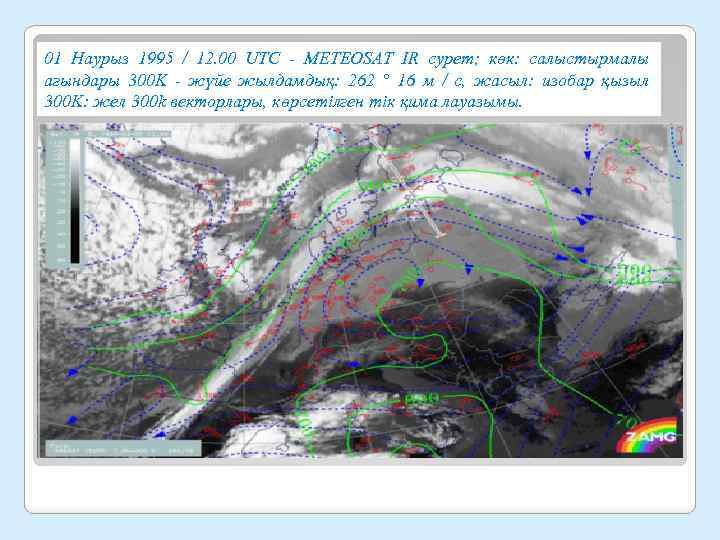 01 Наурыз 1995 / 12. 00 UTC - METEOSAT IR сурет; көк: салыстырмалы ағындары