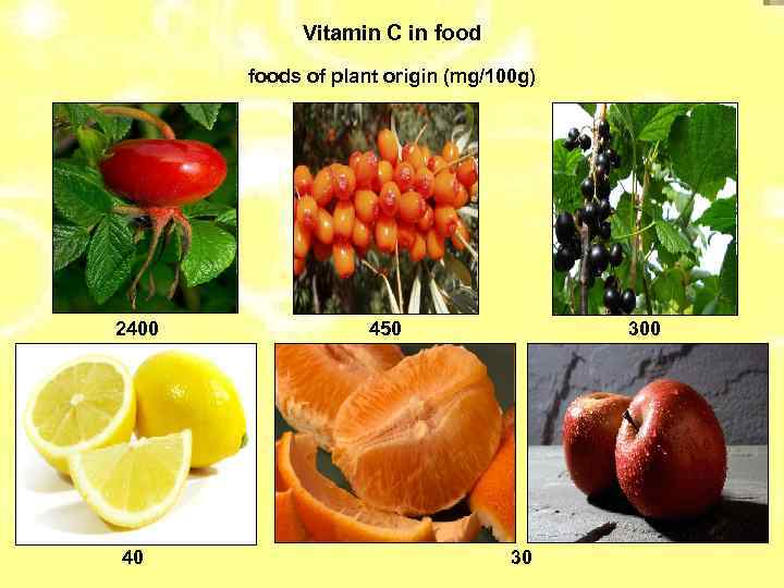 Vitamin C in foods of plant origin (mg/100 g) 2400 40 450 30 