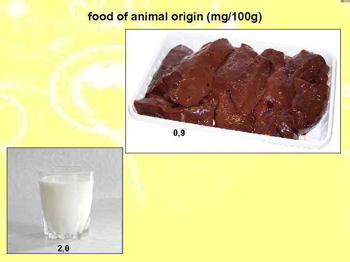 food of animal origin (mg/100 g) 0, 9 2, 0 