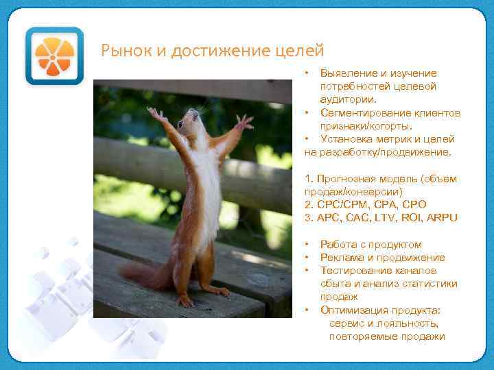 Рынок и достижение целей • Выявление и изучение потребностей целевой аудитории. • Сегментирование клиентов