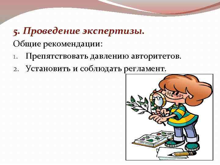 5. Проведение экспертизы. Общие рекомендации: 1. Препятствовать давлению авторитетов. 2. Установить и соблюдать регламент.