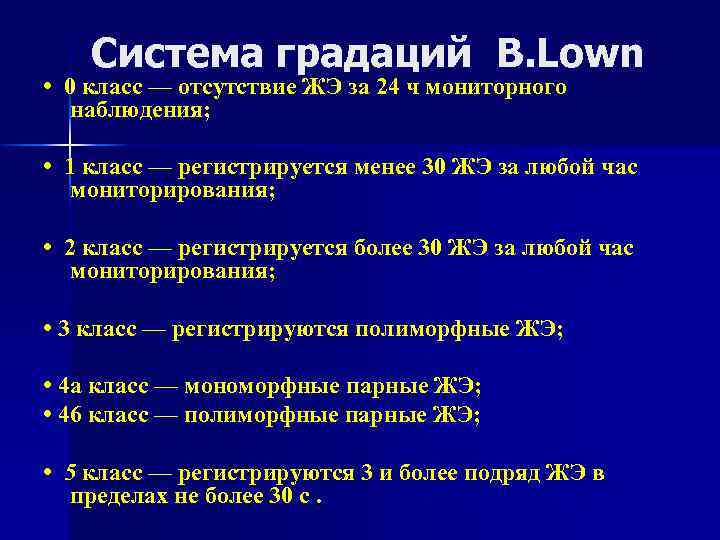 Система градаций B. Lown • 0 класс — отсутствие ЖЭ за 24 ч мониторного