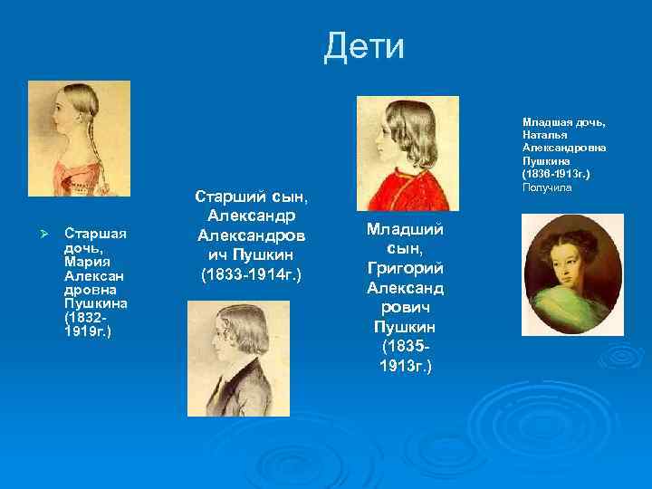 Дети Ø Старшая дочь, Мария Алексан дровна Пушкина (18321919 г. ) Старший сын, Александров