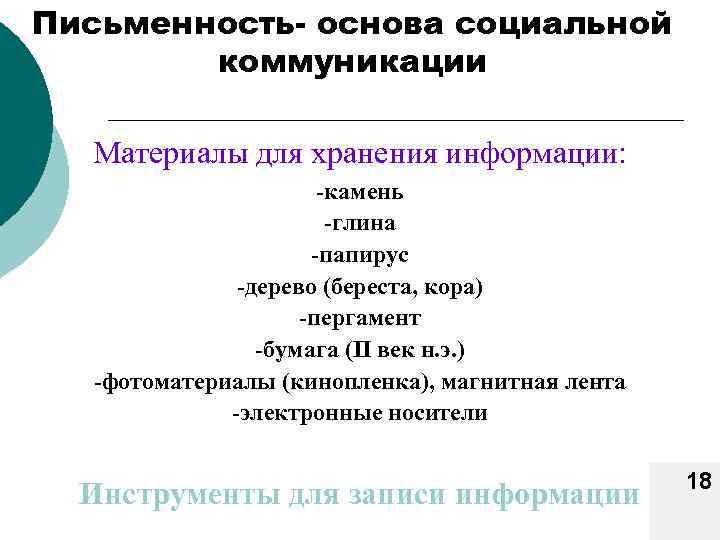 Письменность- основа социальной коммуникации Материалы для хранения информации: -камень -глина -папирус -дерево (береста, кора)