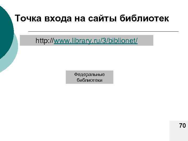 Точка входа на сайты библиотек http: //www. library. ru/3/biblionet/ Федеральные библиотеки 70 