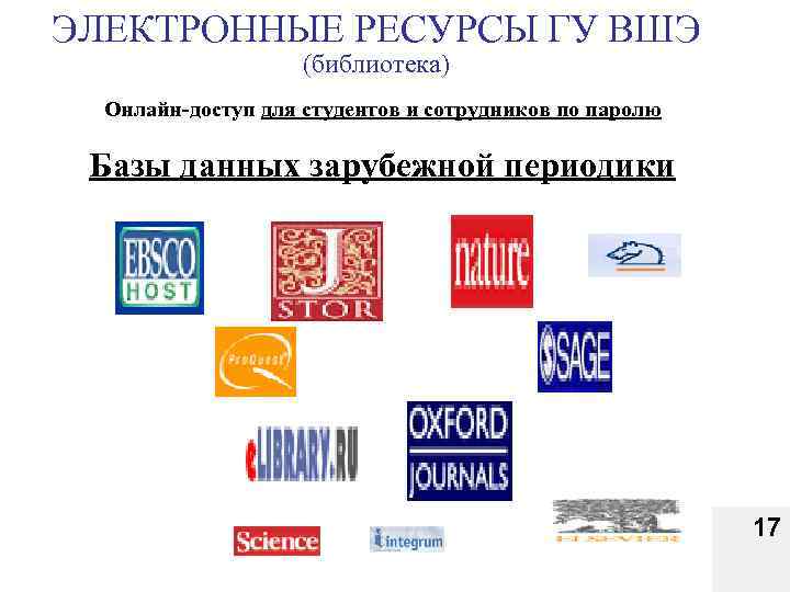 ЭЛЕКТРОННЫЕ РЕСУРСЫ ГУ ВШЭ (библиотека) Онлайн-доступ для студентов и сотрудников по паролю Базы данных