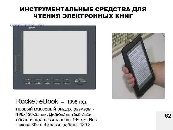 ИНСТРУМЕНТАЛЬНЫЕ СРЕДСТВА ДЛЯ ЧТЕНИЯ ЭЛЕКТРОННЫХ КНИГ Rocket-e. Book – 1998 год, первый массовый ридер,