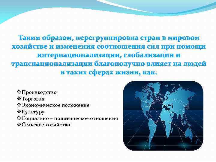 Таким образом, перегруппировка стран в мировом хозяйстве и изменения соотношения сил при помощи интернационализации,