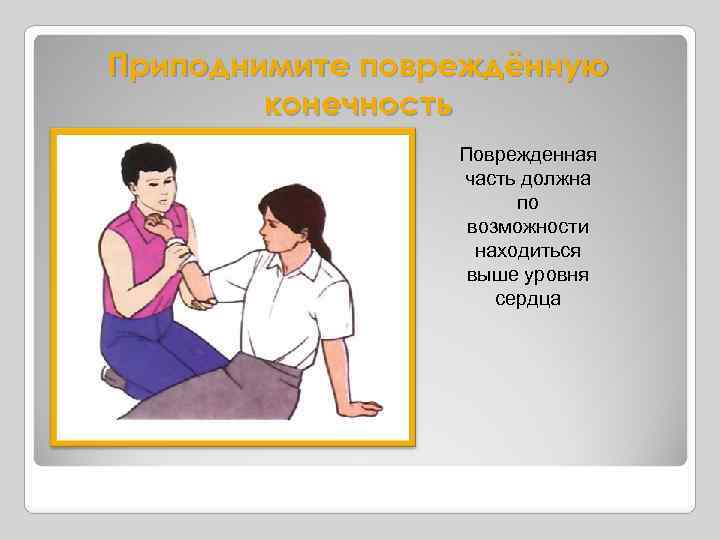 Приподнимите повреждённую конечность Поврежденная часть должна по возможности находиться выше уровня сердца 