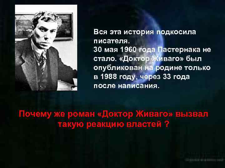 Вся эта история подкосила писателя. 30 мая 1960 года Пастернака не стало. «Доктор Живаго»