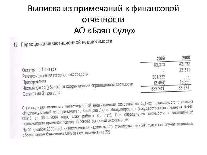 Выписка из примечаний к финансовой отчетности АО «Баян Сулу» 