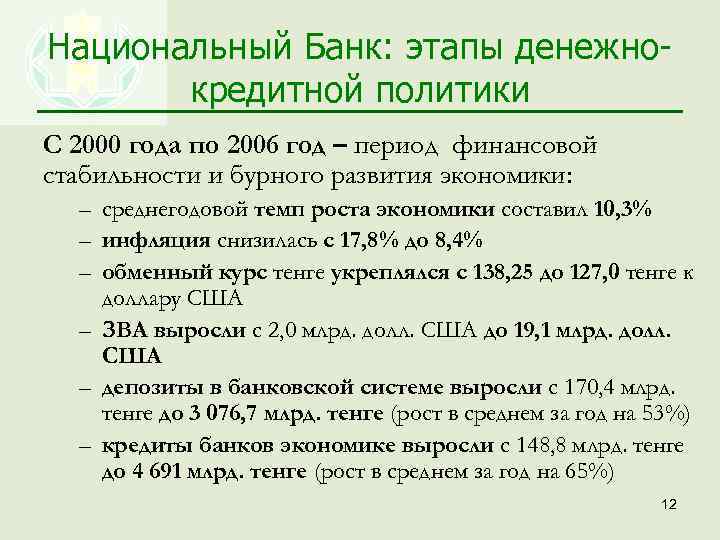 Национальный Банк: этапы денежнокредитной политики С 2000 года по 2006 год – период финансовой