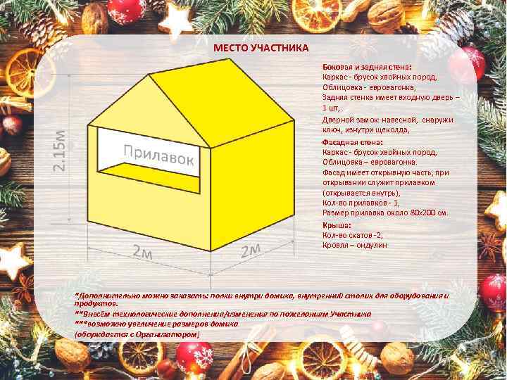 МЕСТО УЧАСТНИКА Боковая и задняя стена: Каркас - брусок хвойных пород, Облицовка - евровагонка,