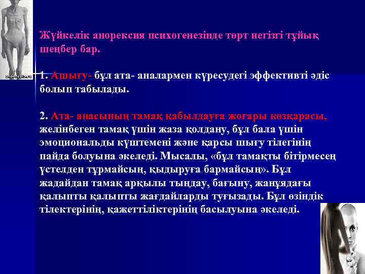Жүйкелік анорексия психогенезінде төрт негізгі тұйық шеңбер бар. 1. Ашығу- бұл ата- аналармен күресудегі