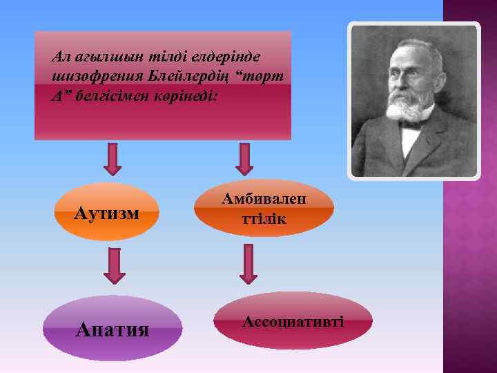 Ал ағылшын тілді елдерінде шизофрения Блейлердің “төрт А” белгісімен көрінеді: Аутизм Апатия Амбивален ттілік