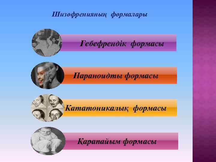  Шизофренияның формалары Гебефрендік формасы Параноидты формасы Кататоникалық формасы Қарапайым формасы 