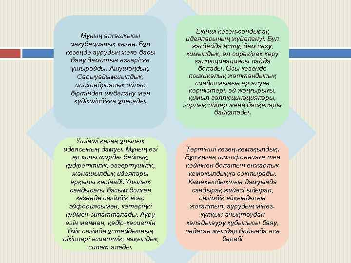 Мұның алғашқысы инкубациялық кезең. Бұл кезеңде аурудың жеке басы баяу дамитын өзгеріске ұшырайды. Ашушаңдық.