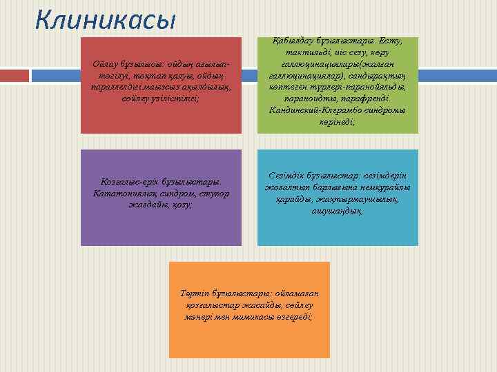 Клиникасы Ойлау бұзылысы: ойдың ағылыптөгілуі, тоқтап қалуы, ойдың параллелдігі. маызсыз ақылдылық, сөйлеу үзілістілігі; Қабылдау