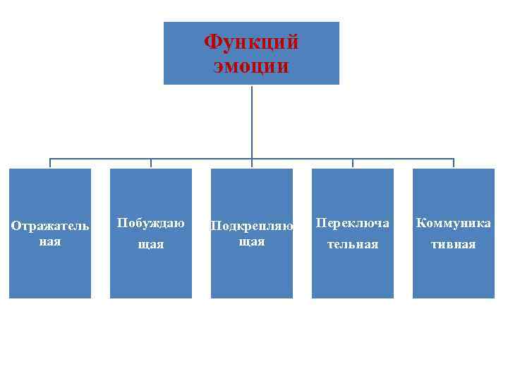 Функций эмоции Отражатель ная Побуждаю щая Подкрепляю щая Переключа тельная Коммуника тивная 