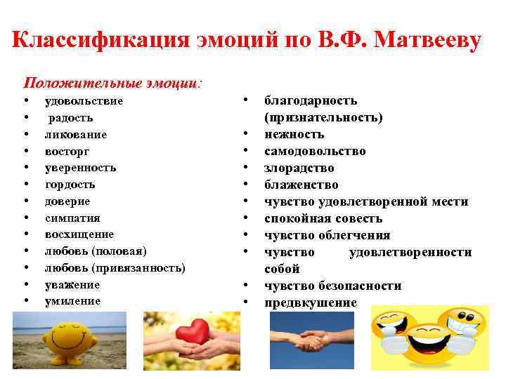 Классификация эмоций по В. Ф. Матвееву Положительные эмоции: • • • • удовольствие радость