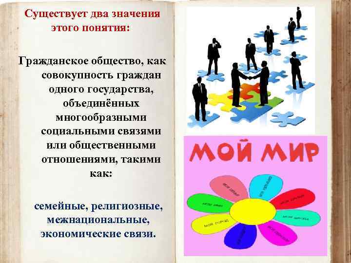 Существует два значения этого понятия: : Гражданское общество, как совокупность граждан одного государства, объединённых