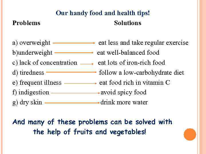 Our handy food and health tips! Problems Solutions a) overweight eat less and take