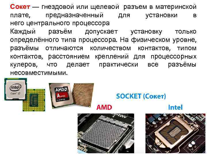 Сокет — гнездовой или щелевой разъем в материнской плате, предназначенный для установки в него