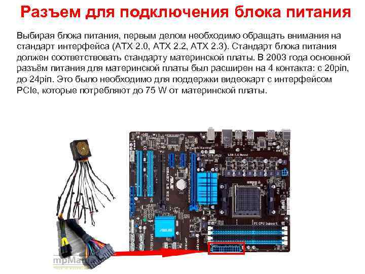 Разъем для подключения блока питания Выбирая блока питания, первым делом необходимо обращать внимания на