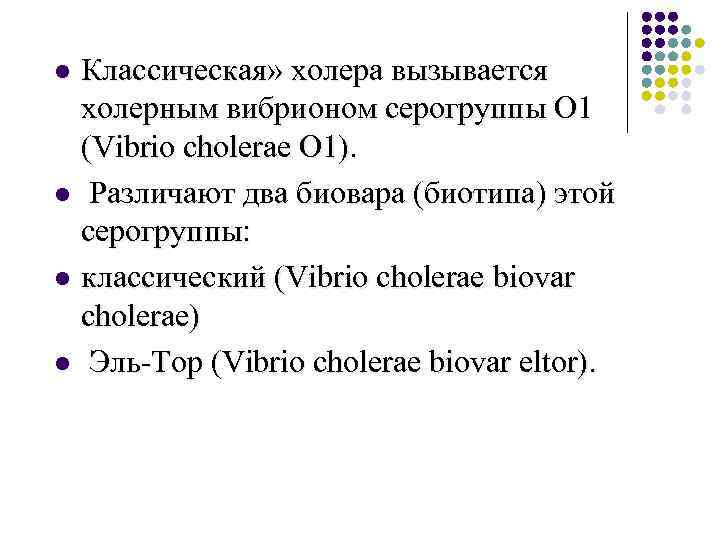 Классическая» холера вызывается холерным вибрионом серогруппы О 1 (Vibrio cholerae O 1). l Различают