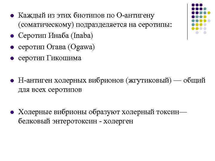 l l l Каждый из этих биотипов по О-антигену (соматическому) подразделяется на серотипы: Серотип