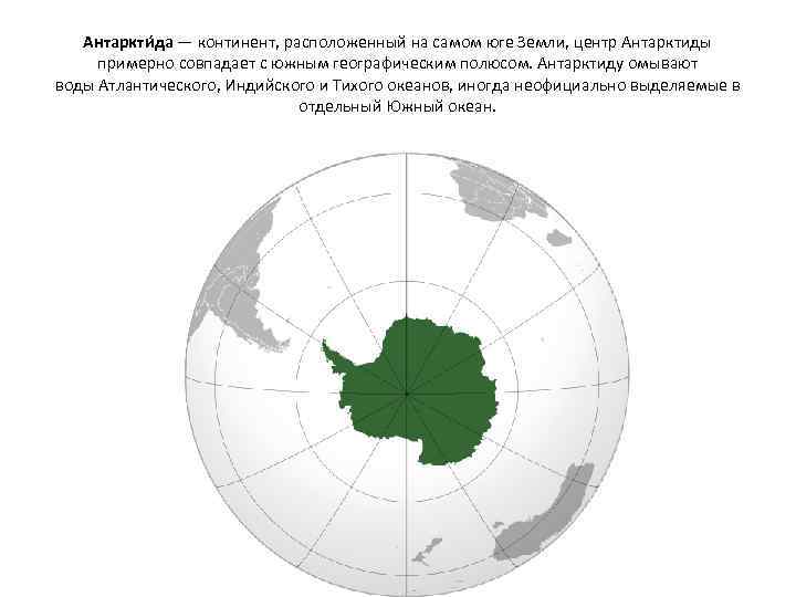 Антаркти да — континент, расположенный на самом юге Земли, центр Антарктиды примерно совпадает с