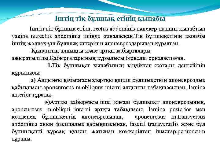 Іштің тік бұлшық етінің қынабы Іштің тік бұлшық еті, m. rectus abdominis дәнекер тканды