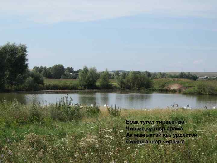 Ерак тугел тирәсендә Чишмә, күлләр әрәмә Ак мамыктай каз урдәктәй Сибелгәннәр чирәмгә 