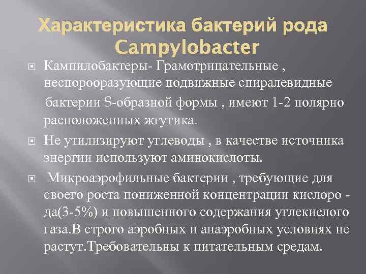 Характеристика бактерий рода Campylobacter Кампилобактеры Грамотрицательные , неспорооразующие подвижные спиралевидные бактерии S образной формы